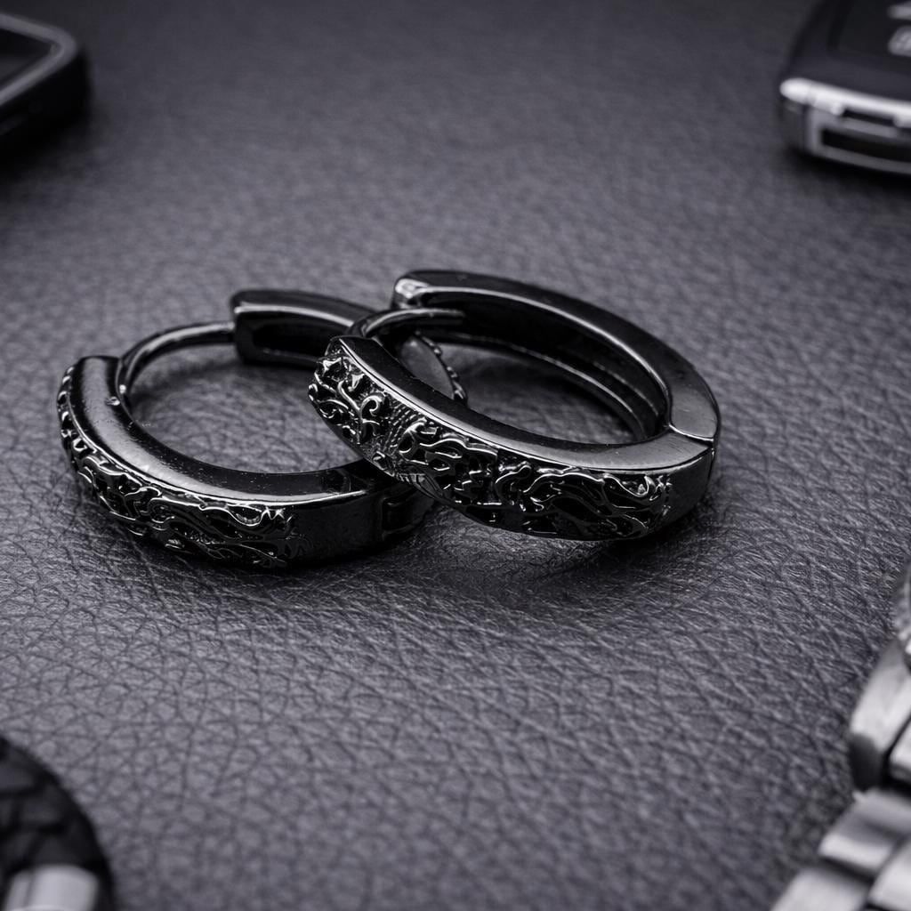 Mens Earrings - Black Earrings, Men, Edgy Male Earring, Dragon Glass, Mens Hoop Earrings, Hoops for Men, Rune hoop earrings, A339