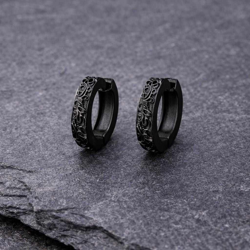 Mens Earrings - Black Earrings, Men, Edgy Male Earring, Dragon Glass, Mens Hoop Earrings, Hoops for Men, Rune hoop earrings, A339