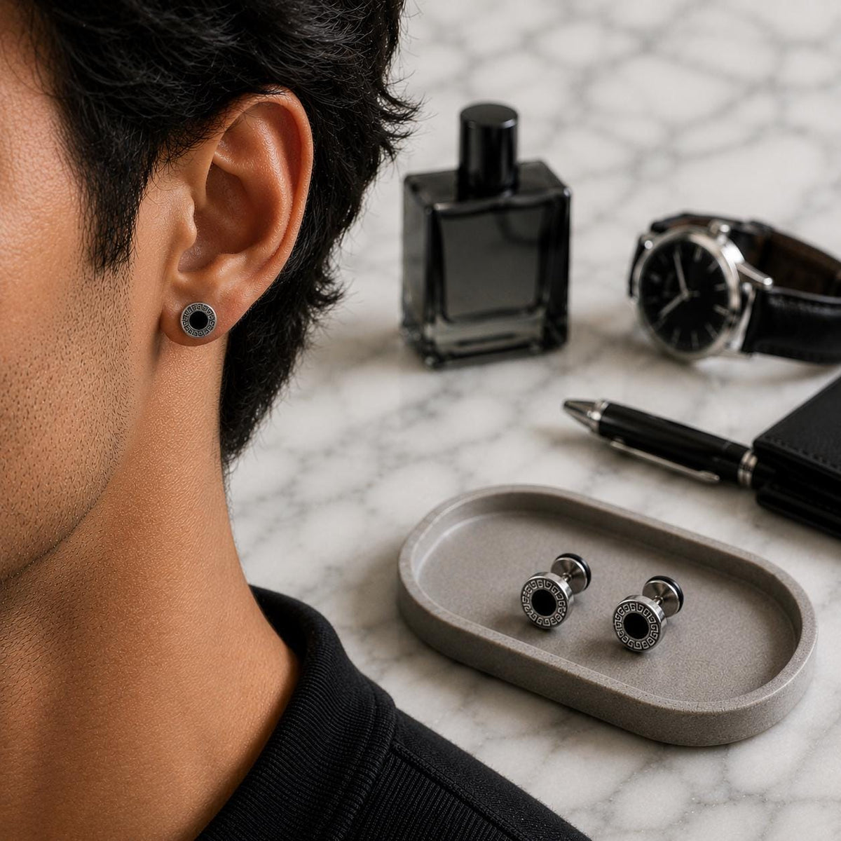 Flat Back Silver Stud Earrings, Men Earrings Flat Back Earrings Bar Minimalist Male Earring, Silver Mens Screwback Studs Earrings, A306 Firefly District - {{mens earrings}}