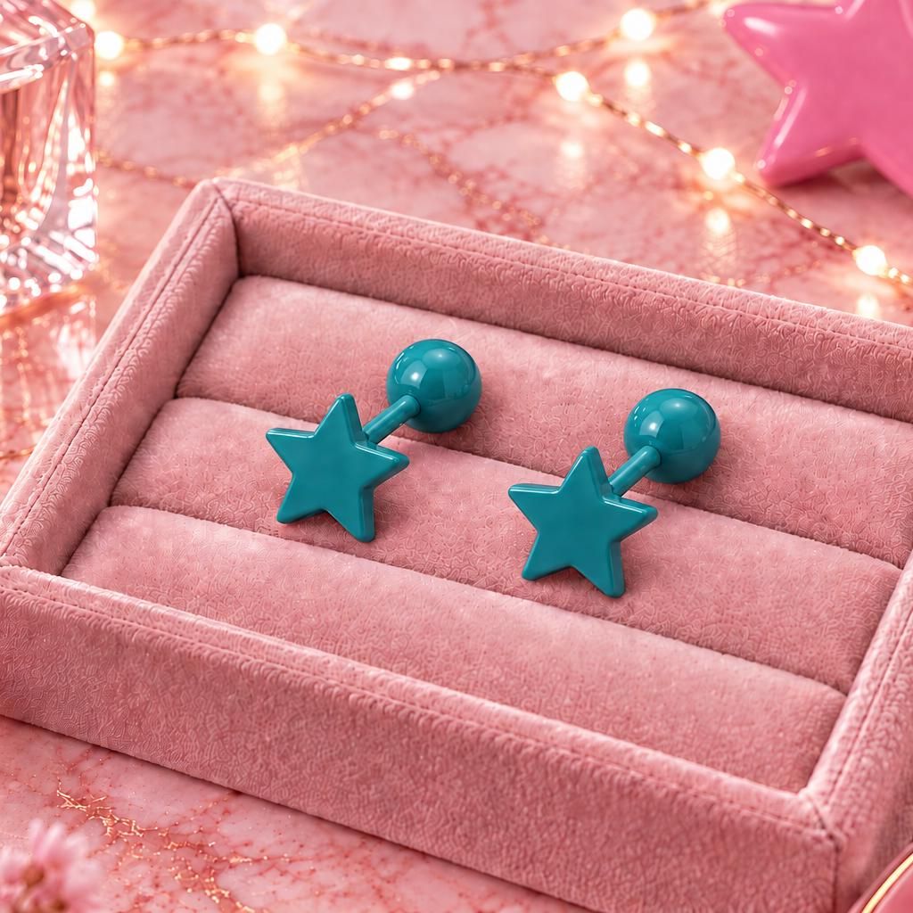 Teal Star Stud Earrings, Stainless Steel Screw Back Earrings, Turquoise Star Earrings, Ball Back Studs, Colourful Earrings Firefly District - {{mens earrings}}