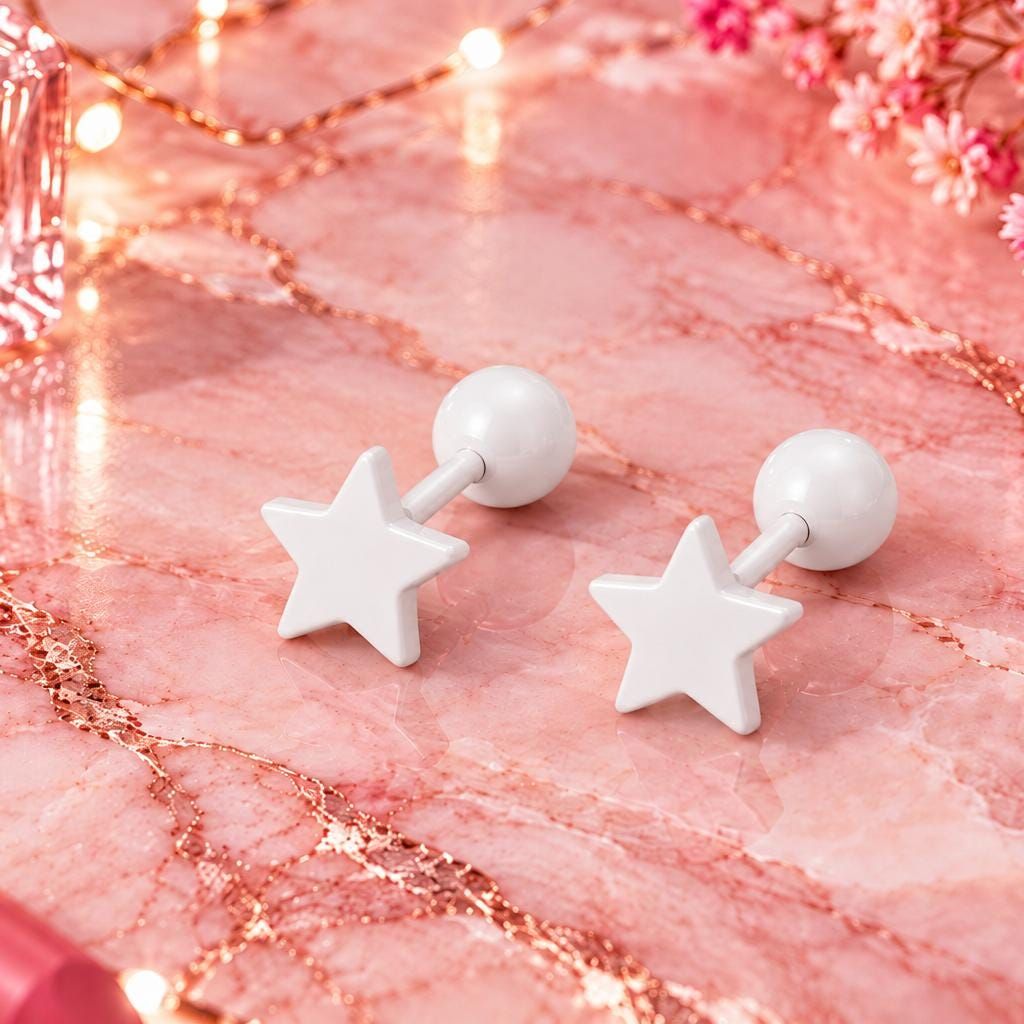 White Star Stud Earrings, Stainless Steel Screw Back Earrings, White Star Earrings, Ball Back Studs, Minimalist Unisex Earrings Firefly District - {{mens earrings}}