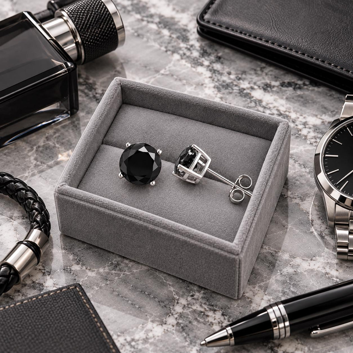 Black CZ Stud Earrings for Men, Stainless Steel Studs, Black Crystal Earrings, Minimalist Mens Earrings, Gothic Studs, Gift for Him,  A372 Firefly District - {{mens earrings}}