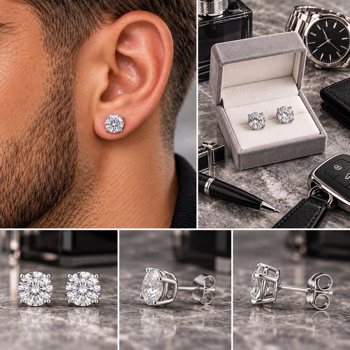 Mens CZ Stud Earrings, Silver Diamond Look Studs, Stainless Steel Earrings for Men, Clear Crystal Stud Earrings, Mens Jewellery Gift  A362 Firefly District - {{mens earrings}}
