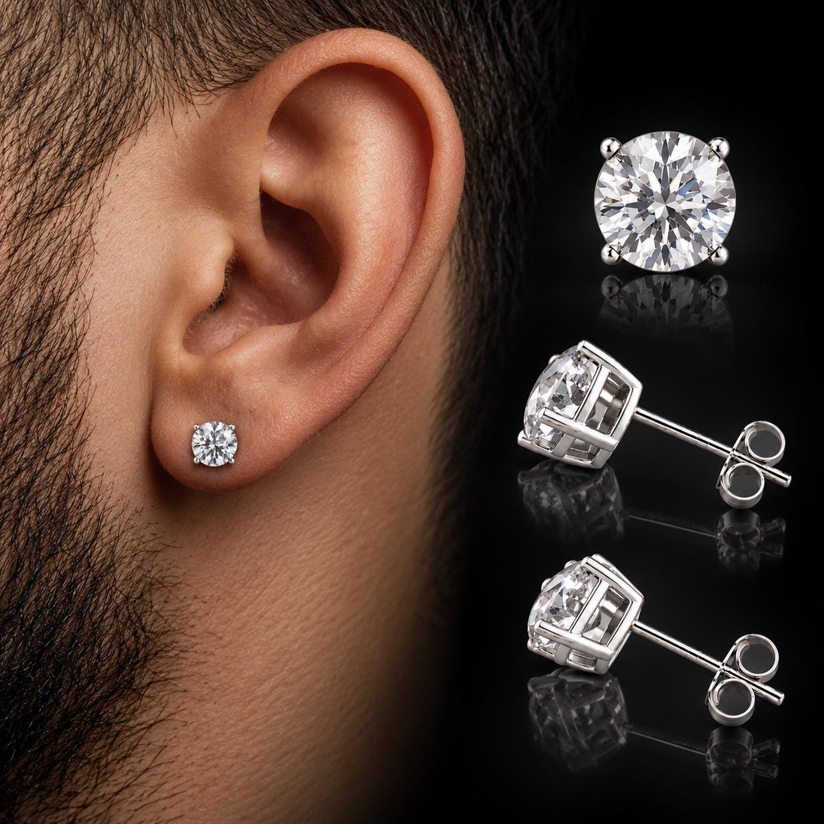 Mens CZ Stud Earrings, Silver Diamond Look Studs, Stainless Steel Earrings for Men, Clear Crystal Stud Earrings, Mens Jewellery Gift  A362 Firefly District - {{mens earrings}}