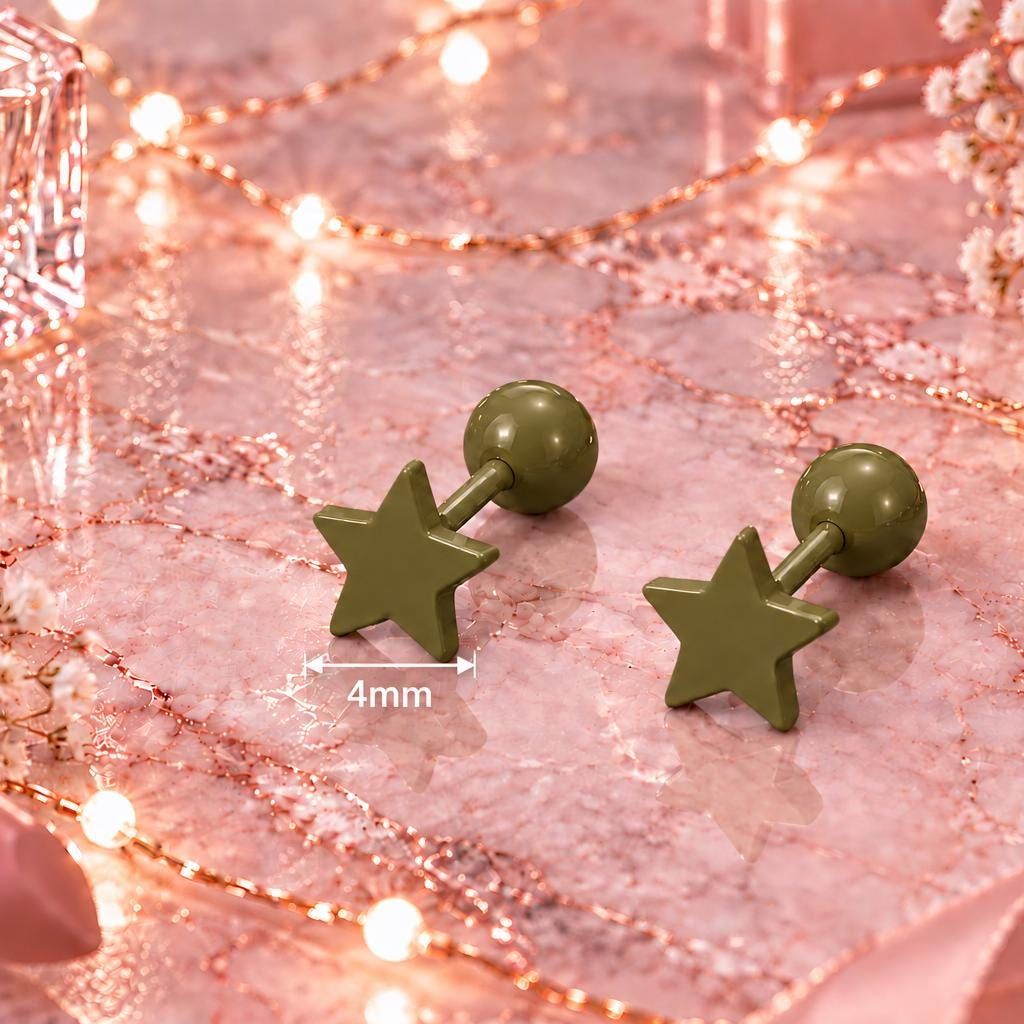 Camo Green Star Stud Earrings, Stainless Steel Screw Back Earrings, Olive Green Star Earrings, Ball Back Studs, Unisex Earrings Firefly District - {{mens earrings}}