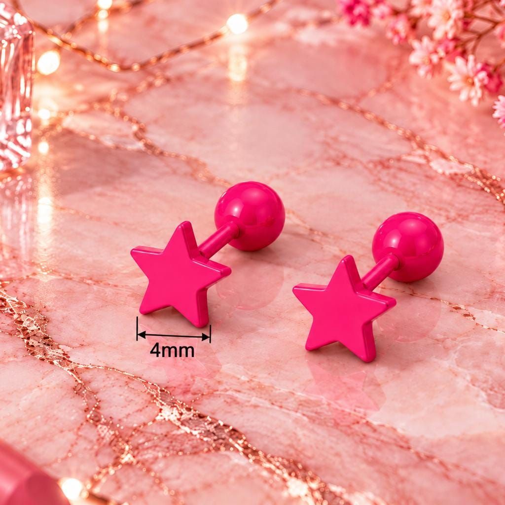 Hot Pink Star Stud Earrings, Stainless Steel Screw Back Earrings, Pink Star Earrings, Ball Back Studs, Cute Earrings Gift Firefly District - {{mens earrings}}