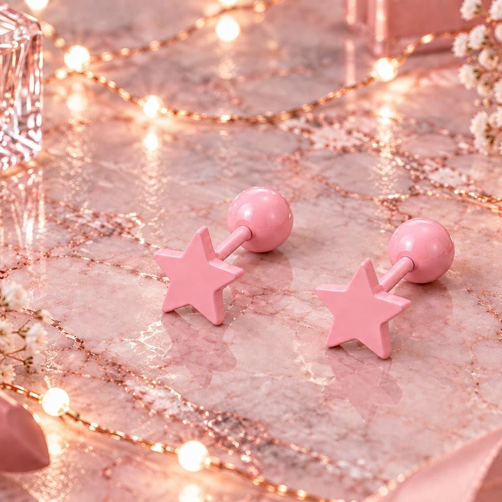 Powder Pink Star Stud Earrings, Stainless Steel Screw Back Earrings, Pastel Pink Star Earrings, Ball Back Studs, Cute Earrings Firefly District - {{mens earrings}}