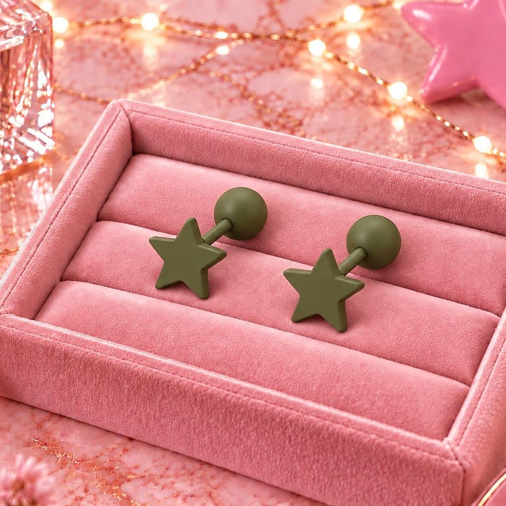 Camo Green Star Stud Earrings, Stainless Steel Screw Back Earrings, Olive Green Star Earrings, Ball Back Studs, Unisex Earrings Firefly District - {{mens earrings}}