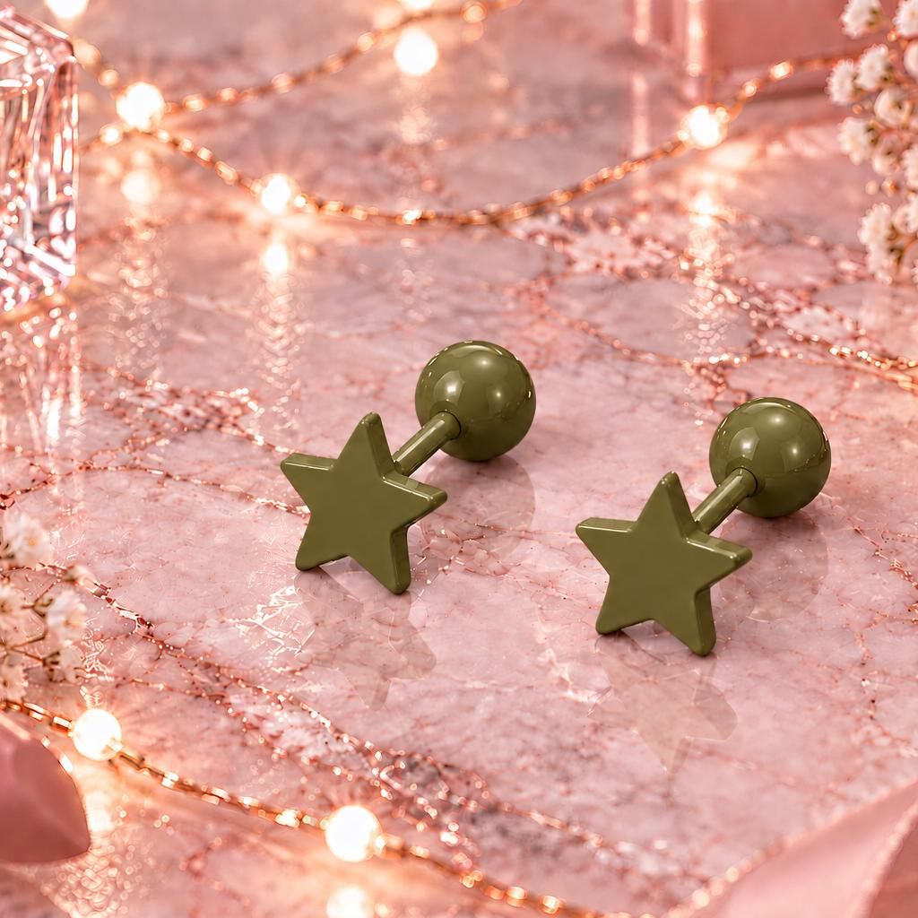 Camo Green Star Stud Earrings, Stainless Steel Screw Back Earrings, Olive Green Star Earrings, Ball Back Studs, Unisex Earrings Firefly District - {{mens earrings}}