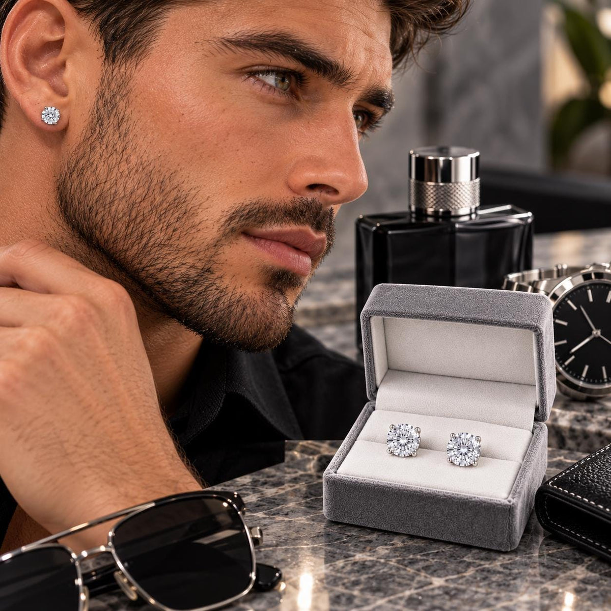 Mens CZ Stud Earrings, Silver Diamond Look Studs, Stainless Steel Earrings for Men, Clear Crystal Stud Earrings, Mens Jewellery Gift  A362 Firefly District - {{mens earrings}}