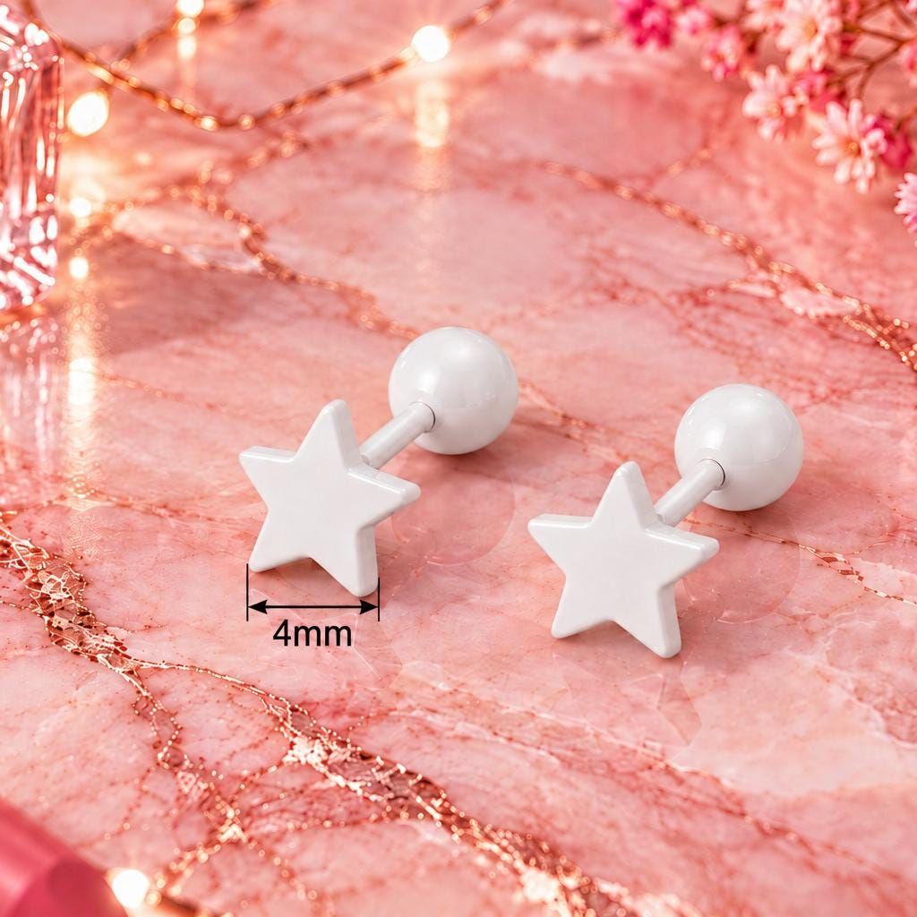 White Star Stud Earrings, Stainless Steel Screw Back Earrings, White Star Earrings, Ball Back Studs, Minimalist Unisex Earrings Firefly District - {{mens earrings}}