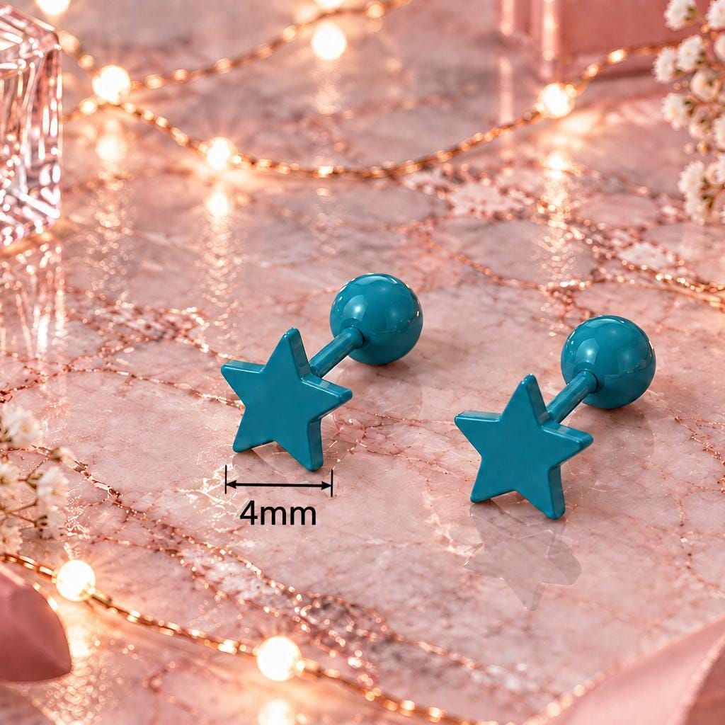 Teal Star Stud Earrings, Stainless Steel Screw Back Earrings, Turquoise Star Earrings, Ball Back Studs, Colourful Earrings Firefly District - {{mens earrings}}
