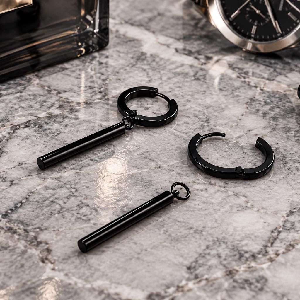 Black Vertical Bar Hoops, Black Long Bar Hoops, Huggie Hoop Earrings, Mans Earrings, Bar Dangle Hoops, Minimalist Hoops, segment hoop, A128 Firefly District - {{mens earrings}}