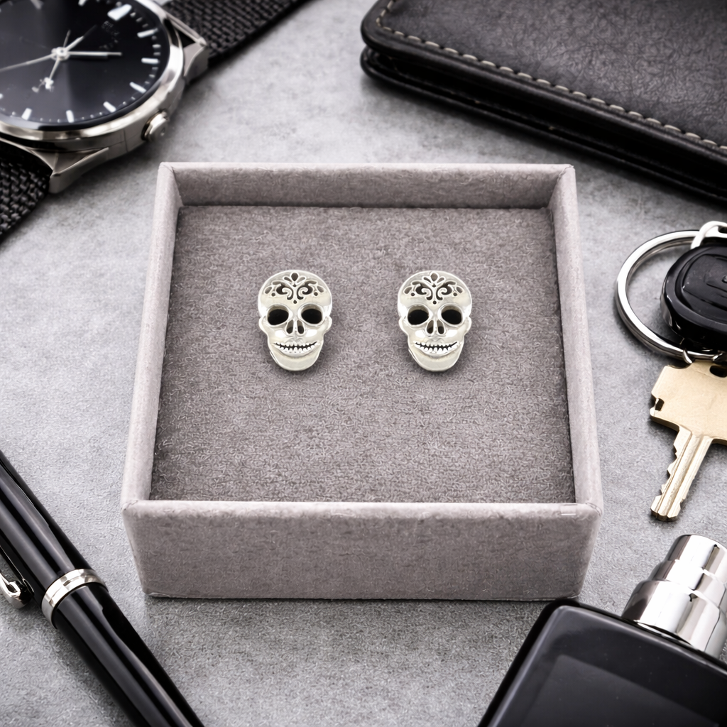 Skull Stud Earrings - Silver Stud Earrings, Minimalist Male Earring, Stud Earrings, Studs for Men or Women, A081 The Funky Bird - {{mens earrings}}