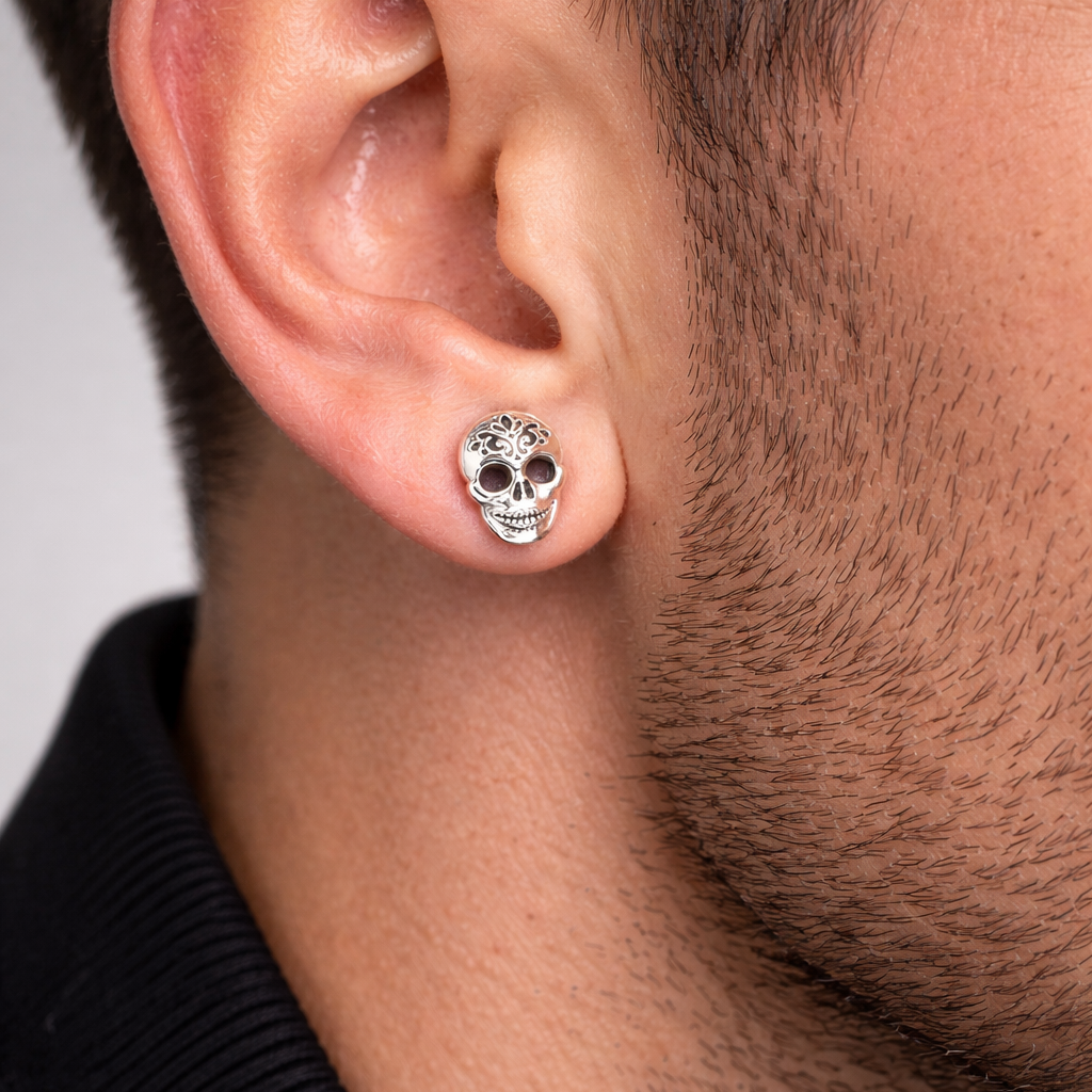 Skull Stud Earrings - Silver Stud Earrings, Minimalist Male Earring, Stud Earrings, Studs for Men or Women, A081 The Funky Bird - {{mens earrings}}