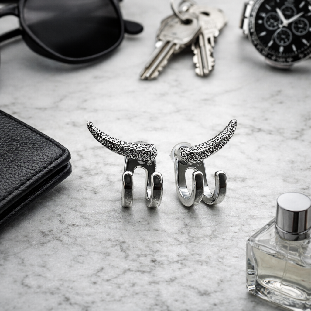 Manly Earrings - Silver Stud Earrings, Men, Edgy Male Earring, Silver Mens Earrings, Studs for Men, sword studs The Funky Bird - {{mens earrings}}
