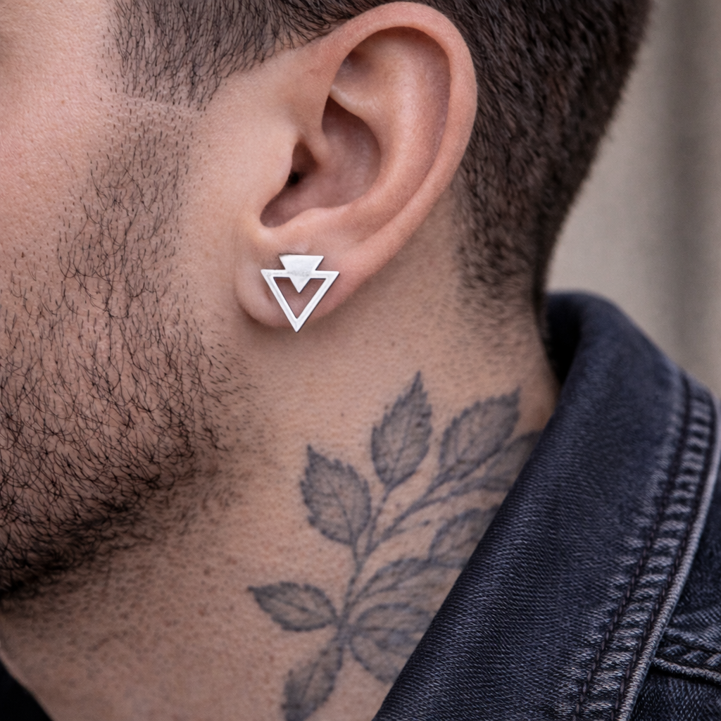 Funky Arrowhead Earrings, Silver, Elegant, Double Triangle, Arrow, Geometric, Minimalist Stud Earrings, Silver, Simple Jewellery, A023 The Funky Bird - {{mens earrings}}