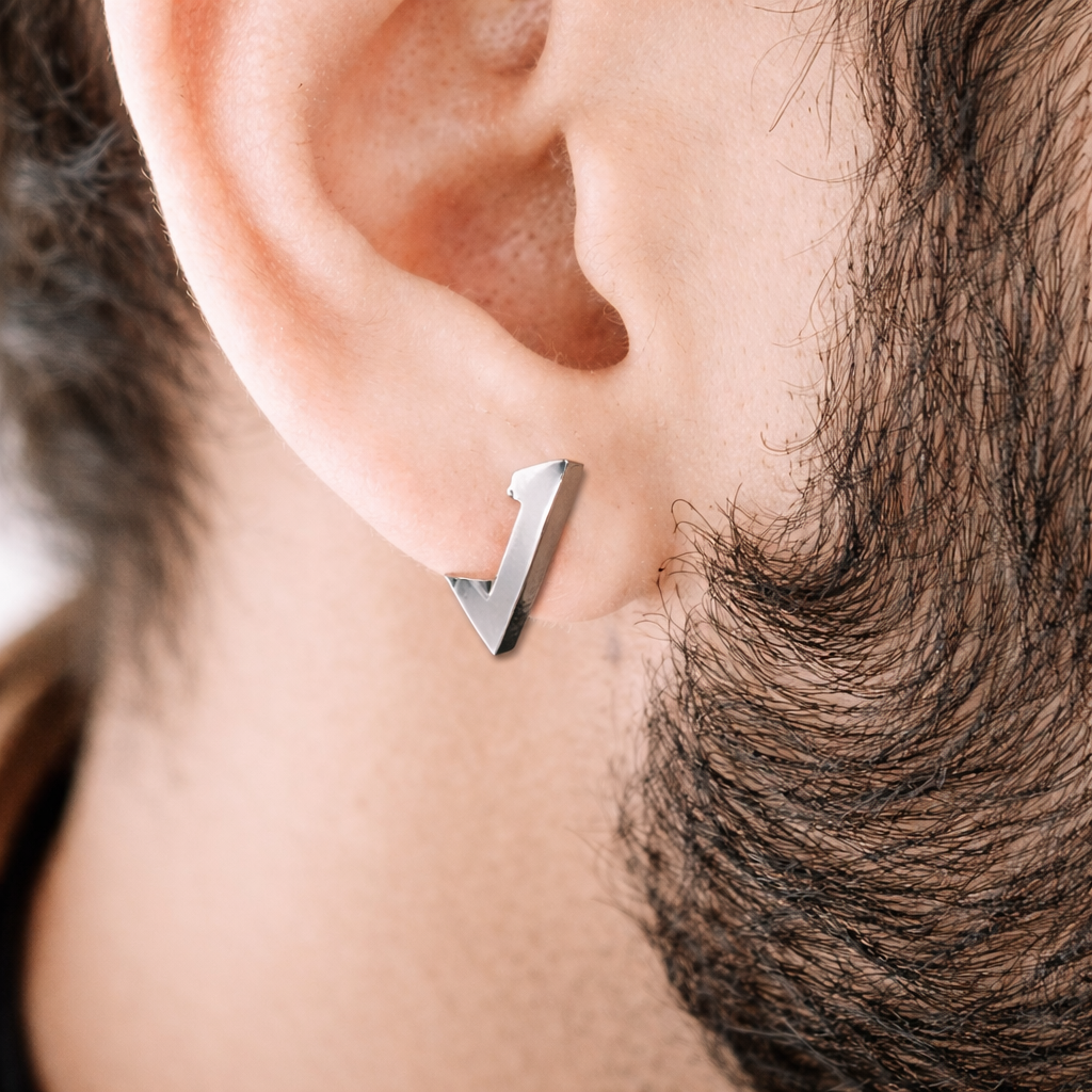 Silver Triangle Earring, Men, Minimalist Male Earring, Mens Earrings, Silver, Mens Stud Earrings, Single earring for Men, A130 The Funky Bird - {{mens earrings}}