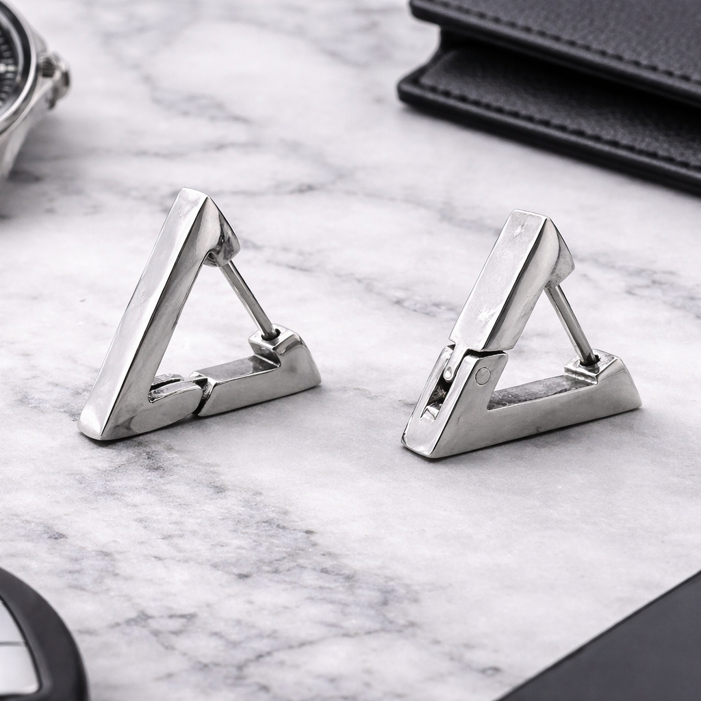 Silver Triangle Earring, Men, Minimalist Male Earring, Mens Earrings, Silver, Mens Stud Earrings, Single earring for Men, A130 The Funky Bird - {{mens earrings}}