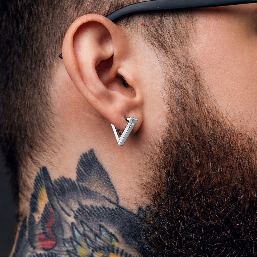 Silver Triangle Earring, Men, Minimalist Male Earring, Mens Earrings, Silver, Mens Stud Earrings, Single earring for Men, A130 The Funky Bird - {{mens earrings}}